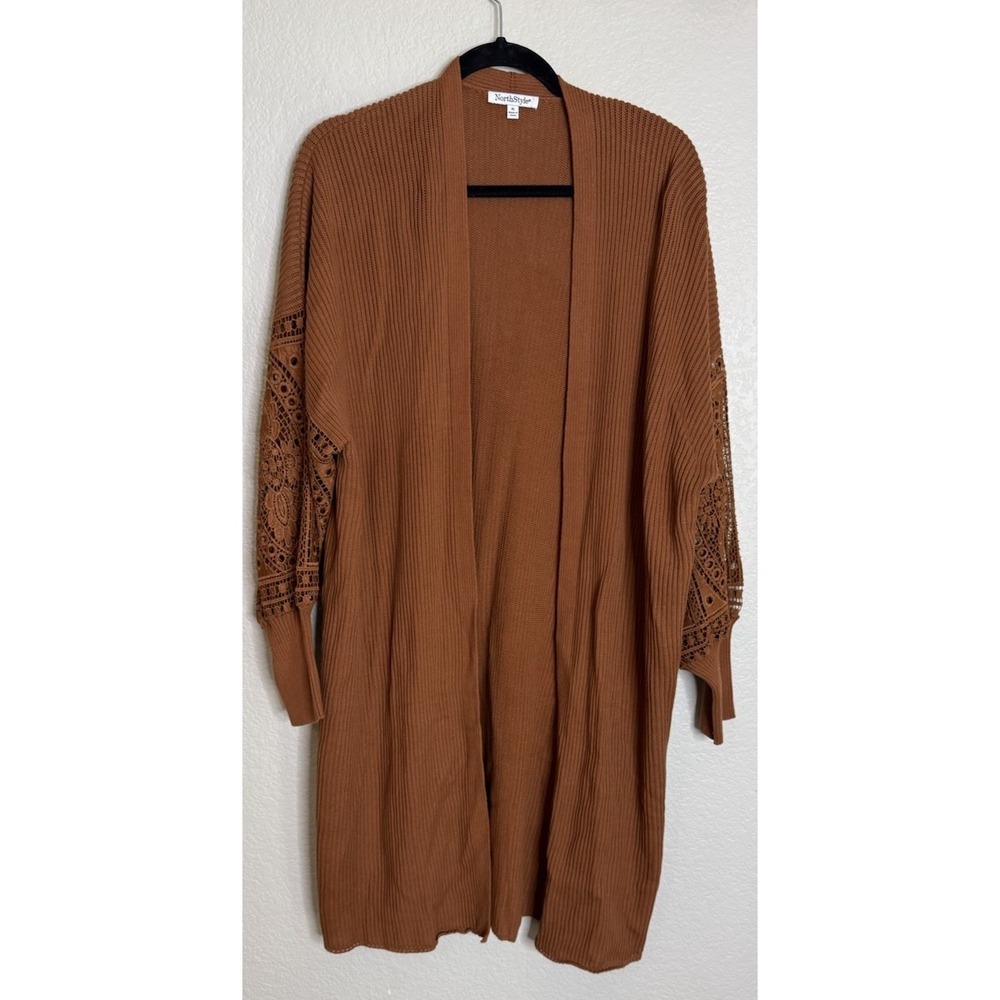 NorthStyle Womens XL Cardigan Brown Lace Sleeve Ribbed Knit Open Front Longline